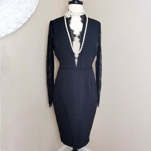 Designer Low-cut Long Lace Sleeve Black Dress